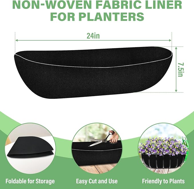 Riare 4 Pack 24 Inch Black Felt Window Box Liners- Fabric Trough Planter Basket