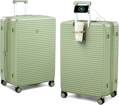 28 Inch Luggage Hard Shell Suitcases, Expandable Travel Checked Luggage 28 Inch, Large Check In Luggage with Spinner Wheels Cup Holder Charger Built in Lightweight Suitcase, Bamboo Green