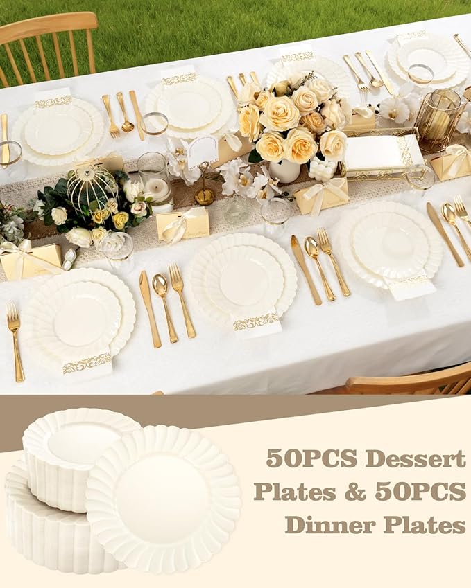YOUBET 100PCS Ivory Scalloped Plastic Plates