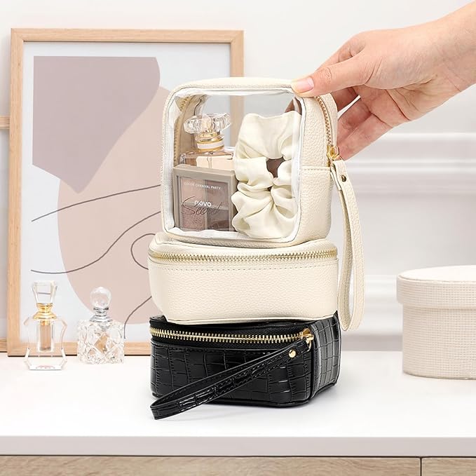 PACKISM Small Clear Makeup Bag - PU Leather Clear Travel Bags for Toiletries Mini Makeup Bag for Purse, Portable Cosmetic Bag Car Bag for Essentials for Women Gift Daily Use (Beige Mini)