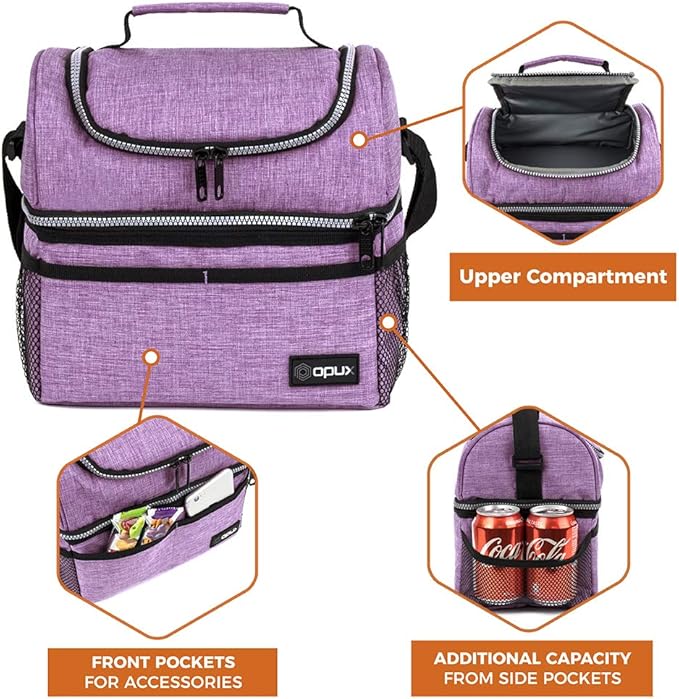 OPUX Lunch Box For Women, Insulated Large Lunch Bag Adult Work, Double Decker Lunchbox Meal Prep, Dual Compartment Leakproof Lunch Cooler, Soft Lunch Pail Tote for Girls Kids School (Purple 16 Cans)