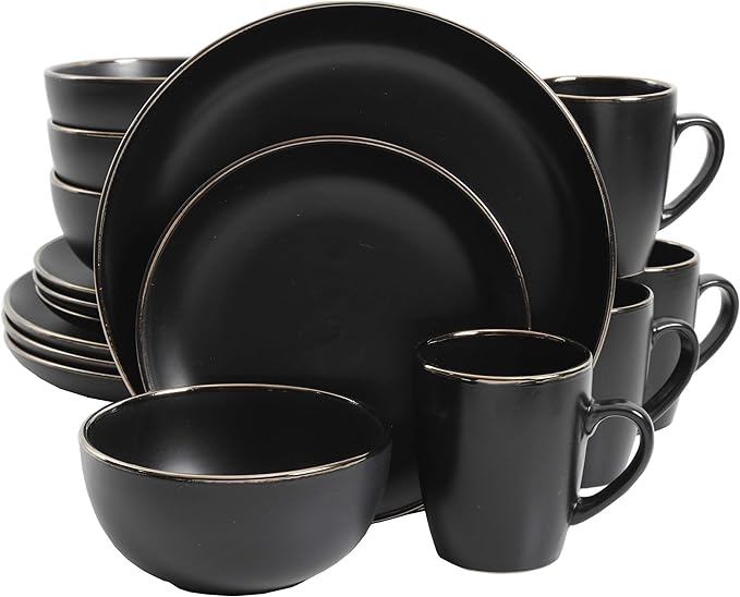 Gibson Home Rockaway Round Stoneware Dinnerware Set, Service for 4 (16pcs), Black/Gold Rim