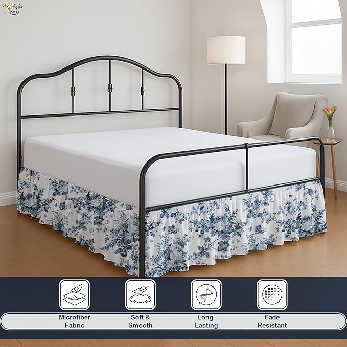 Cottington Lane Ruffled Bed Skirt Full Size with Split Corner, Brushed Microfiber Hotel Quality Dust Ruffle, 16 Inch Drop Gathered Bedskirt, Soft, Stylish, Shrink & Fade Resistant, Blue Floral Bliss
