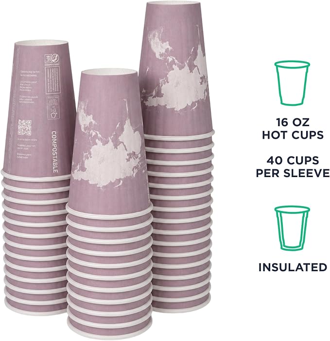 ECO PRODUCTS Compostable Disposable Insulated World Art 16oz Large Coffee Cups