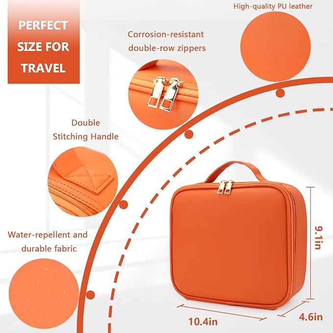 Travel Makeup Bag for Women and Makeup Artists Cosmetic Organizer Large Makeup Case,Travel Makeup Bag with Mirror 3 Color Setting,Portable Storage and Adjustable Dividers(orange)