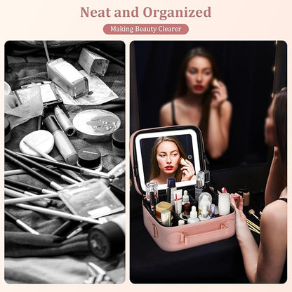 Makeup Bag with LED Mirror, [3 Color and Stepless Dimmable] Rechargeable LED Light for Makeup Bag Train Case with Brushes Storage Organizer, Travel Box Cosmetic Bag for Women - Pink