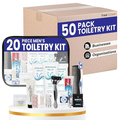 Trektote Bulk Hygiene Kit For Men And Women – (50 Pack) 20 Piece Set Of Travel Size Toiletries, TSA Compliant, Bulk Travel Essentials, Includes Shampoo And Conditioner, Body Wash, Toiletry Bag & More