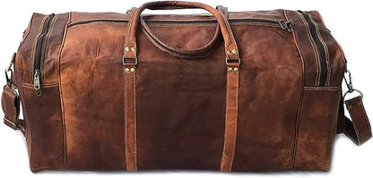 KK's Vintage Leather Duffel Bag, Handcrafted, Stylish & Durable, Ideal for Gym, Travel, Genuine Leather Travel Bag, Brass Rivets & Zippers Size 28"(L),12"(D), 11"(H) Inch