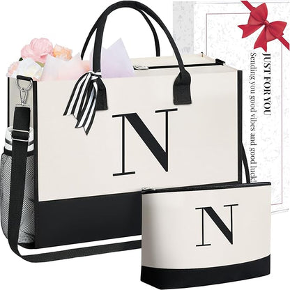 BAGAIL Initial Tote Bag, Personalized Birthday Gifts for Women, Teacher, Friends, Mom, Wedding, Monogrammed Beach Bag
