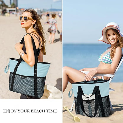 Beach Bag with Zipper - 8 Pockets Sandproof Beach Tote Bag for Women,Foldable Lightweight Family Swim Bag Vacation
