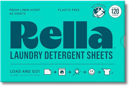 Rella Powerful Laundry Detergent Sheets, 120 Loads, Family Owned & Operated, Fresh Linen Scent, Biodegradable, Eco Friendly, Travel Laundry Detergent Sheets