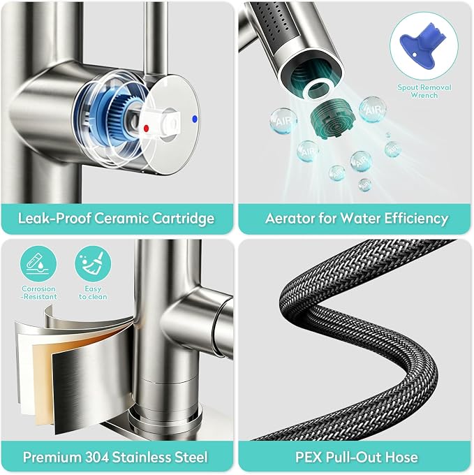 Waterfall Kitchen Faucet with Pull Down Sprayer & Glass Rinser | 4 Adjustable