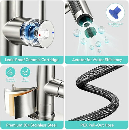 Waterfall Kitchen Faucet with Pull Down Sprayer & Glass Rinser | 4 Adjustable