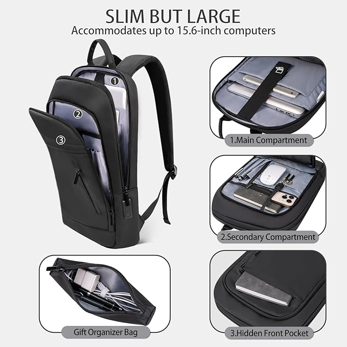 Business Backpack for Men Lightweight Commute Laptop Backpack Anti-Theft Water Resistant Backpack for 15.6 Inch Computer for Daily Office Work with Small Bag (Black)