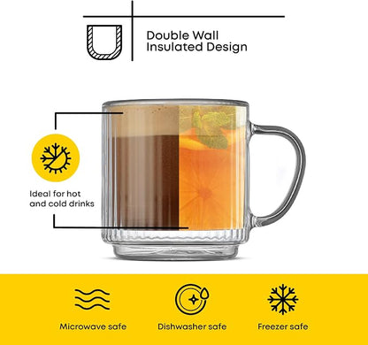 JoyJolt Haven Stackable Fluted Glass Mugs Set of 2, 5.5oz Ribbed Double Wall