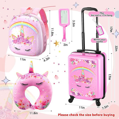Sanwuta 4 Pcs Kids Luggage Set Kids Backpack Travel Rolling Suitcase with Wheels U-shape Pillow Childrens Gift for Girls Boys(17 Inch,Unicorn Rainbow Style,Pink)