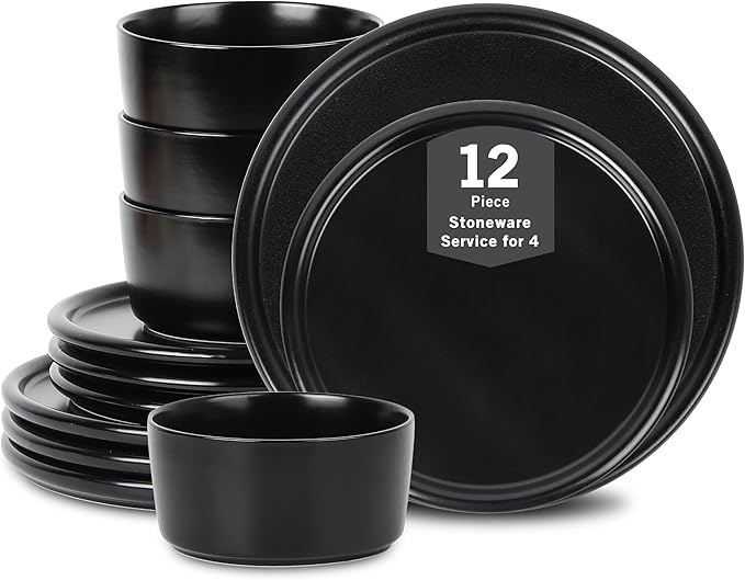 Stone Lain Eden 12-Piece Dinnerware Set Stoneware, Plates and Bowls Set, Dishwasher and Microwave Safe Dish, Dish Set for 4, Black