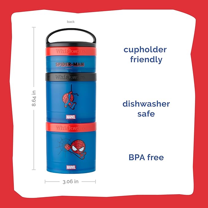 Whiskware Marvel Stackable Snack Containers for Babies, Kids, and Toddlers, 3 Stackable Snack Cups for School or Travel, Formula Friendly, Cupholder Friendly, Spider-Man