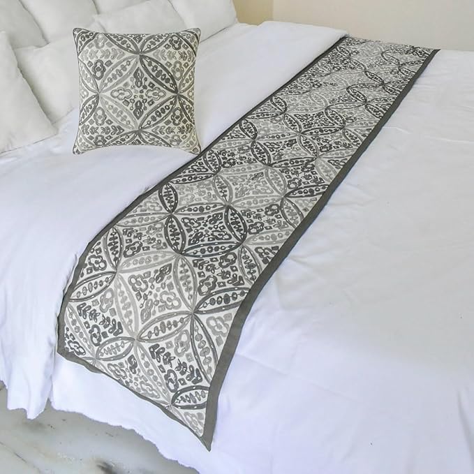 The HomeCentric King/Queen/Twin Gray Luxury Queen 74"x18" Bed Runner with One Pillow Cover, Moroccan, Pearl, Geometric & Embroidered Bed Scarf on Embroidered Fabric - Meryem