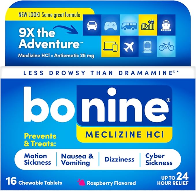 Bonine Non-Drowsy for Motion Sickness Relief, Sea Sickness, Car Sickness, Nausea, & Vomiting - Meclizine HCI 25mg, Travel-Sized - 16ct Raspberry Chewable Tablets (Packaging May Vary)