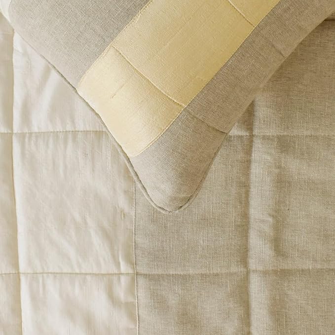 The HomeCentric King/Queen/Twin Beige Decorative King 90"x18" Bed Runner Without Pillow Cover, Color Block, Patchwork, Quilted, Silk, Linen & Striped Bed Scarf on Linen & Silk Fabric - Alikka
