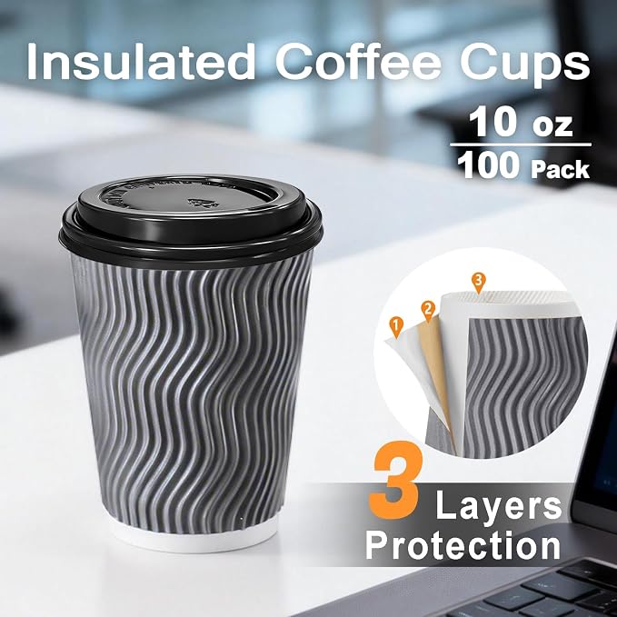BYSNOW 100 Pack 10 oz Paper Coffee Cups