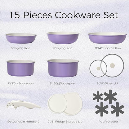 15Pcs Pots and Pans Set Non Stick, Cookware Sets with Detachable Handle, Nonstick RV Kitchen Cooking Tools Removable Handles, Oven Safe, Induction Fast, Stackable Induction Cookware, Purple