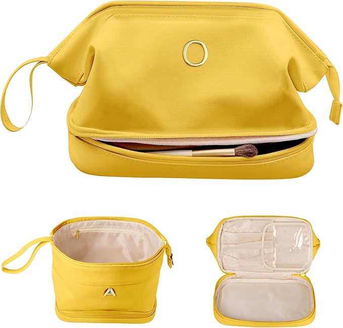 Gifts for Teen Girls 14-16, Initial Makeup Bag, Travel Gifts, Personalized Bags, Waterproof Double Layer Cosmetic Bag, Large Capacity PU Leather Makeup Bags Letter Travel Toiletry Bag