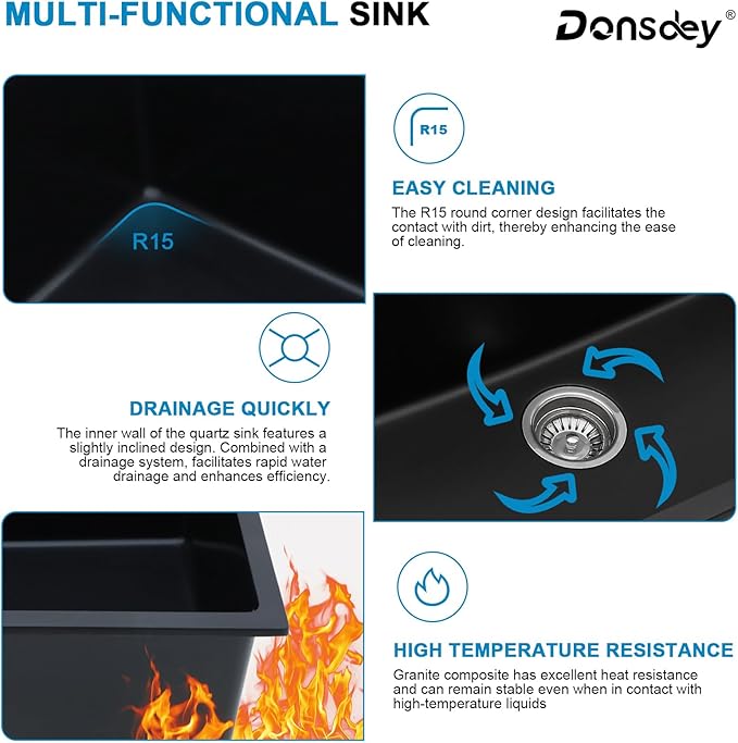 33 Inch Black Undermount Granite Composite Kitchen Sink Under Counter Quartz Single Bowl Sink Workstation Sinks with Accessories Quick Drain Noise Reduction Home Renovation Classic Style