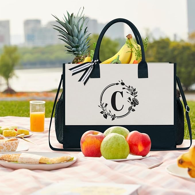 TOPDesign Personalized Initial Canvas Tote Bag, for Wedding, Birthday, Beach, Perfect Gifts for Women, Mom, Teachers, Friends