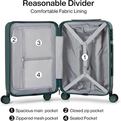 Hanke 3 Piece Luggage Sets with Spinner Wheels, Carry On Luggage Lightweight PC Hard Shell Suitcases Travel TSA Luggage Rolling Checked Bag 20/24/28 Inch Luggage(Blackish Green)