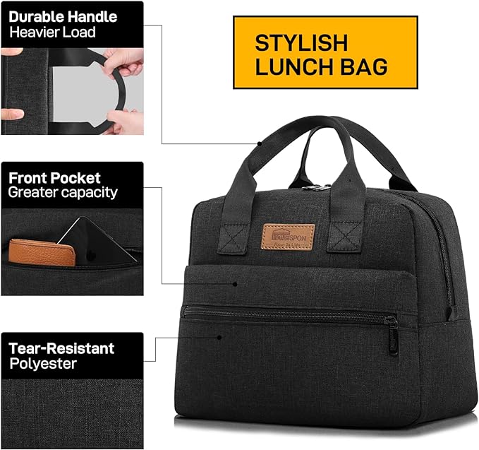 HOMESPON Insulated Lunch Bag for Women Men Lunch Box Cooler Lunch Tote for Work Picnic (Black)