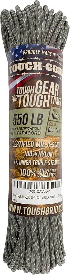 TOUGH-GRID 550 Paracord Rope Nylon Parachute Cord, Made in USA Survival Kit, Outdoor Adventures, Camping, Tactical Gear & Emergency Supplies, Military Type III Mil-Spec
