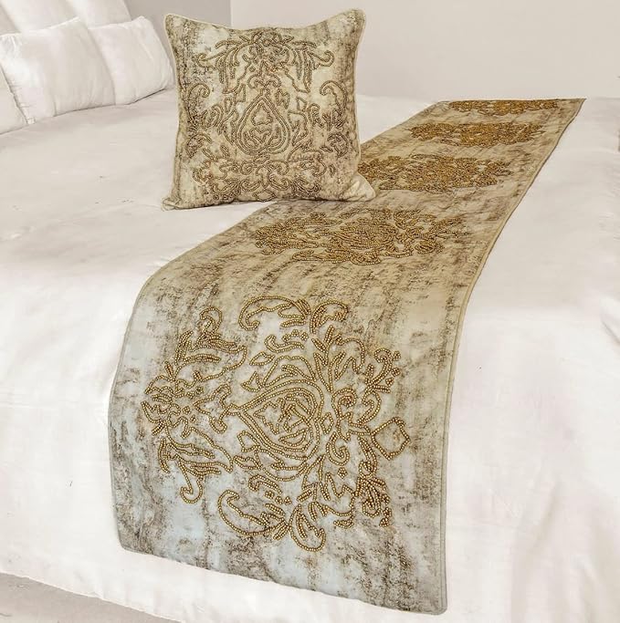 The HomeCentric King/Queen/Twin Ivory & Gold Decorative King 90"x18" Bed Runner Without Pillow Cover, Beaded & Foil Bed Scarf on Silk Fabric - Foil Damask Gold
