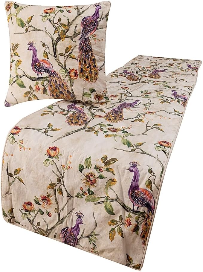 The HomeCentric King Queen Twin Ivory & Multicolor Decorative CA King 86"x18" Bed Runner with Pillow Cover, Peacock Bed Scarf on Cotton Printed with Beads Fabric - Peacock Queen