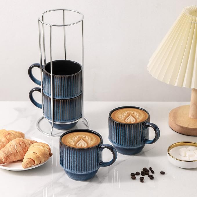 Hasense Navy Coffee Mugs Porcelain Set of 4 - 12 oz Stackable Coffee Cups
