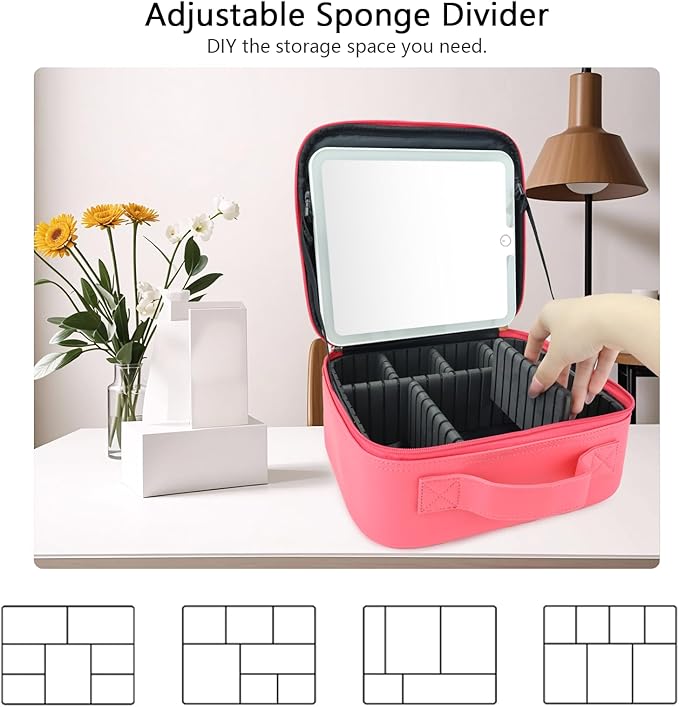 Travel Makeup Bag with LED Mirror Travel Makeup Organizer with 3 Lighted Settings, Adjustable Dividers and Makeup Brush Storage Bag Light Red