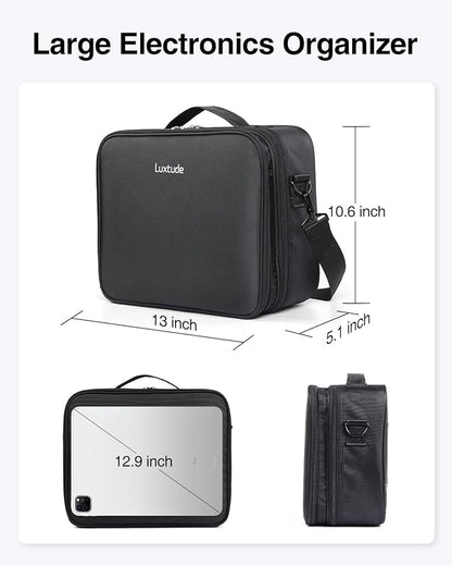 Luxtude Electronic Organizer Travel Case Large, Double Layer Tech Carrying Case, Cord Organizers Travel, Cable Organizers Bag, Large Charger Bag, Home Electronics Case Fits for iPad (Up to 12.9 in)
