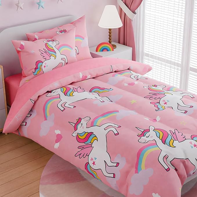 SANDJEST Unicorns Bedding Twin Set for Girls Kids Children, Ultra Soft Microfiber Comforter Set with 3-Pieces, Comforters Bed Sets Bedroom Decor
