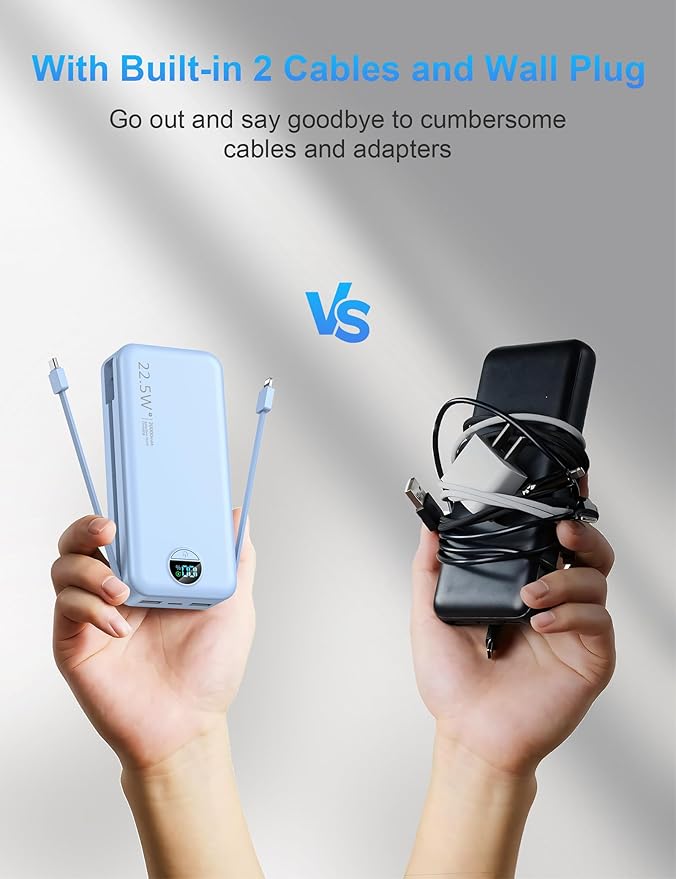 Portable Charger with Wall Plug, 20000mAh USB C Power Bank Fast Charging, External Battery Pack with Built in Cables, Digital Display, 5 Output 2 Input for iPhone Android Cell Phone Tablet