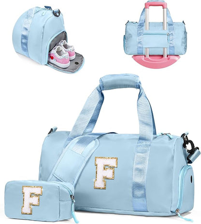 Dorm Room Essentials for Girls-Girl Gym Bag with Shoe Compartment, Kid Personalized Weekender Overnight Bags, Initial Travel Tote with Makeup Pouch, Preppy Stuff Gifts for Kids (Letter F)
