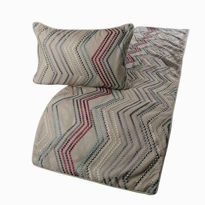 The HomeCentric King Queen Twin Beige Linen Bed Runner Without Pillow Cover, Twin Size 53"x18" Bed Runner Without Pillow Cover, Linen with Embroidery, Chevron Modern Pattern - Dotty Chevron