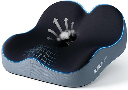 HUANUO Office Seat Cushion for Tailbone Support, High-Density Memory Foam Cushion, Breathable Coccyx Cushion, Non-Slip Bottom for Sciatica Relief, Perfect for Office, Car, and Wheelchair