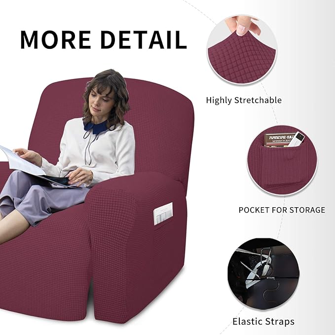 Easy-Going 4 Pieces Oversized Recliner Stretch Sofa Slipcover Sofa Cover Furniture Protector Couch Soft with Elastic Bottom Polyester Spandex Jacquard Fabric Small Checks ASHRose,X-Large