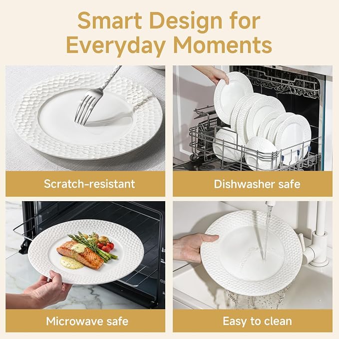 12Pcs Hammered Rim White Bone China Set, Service