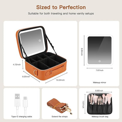 Travel Makeup Bag with LED Mirror, Cosmetic Bags for Women with Light up Mirror, Travel Essentials Makeup Organizer, Makeup Case with Adjustable Dividers and Brush Holder, 3 Color Lights