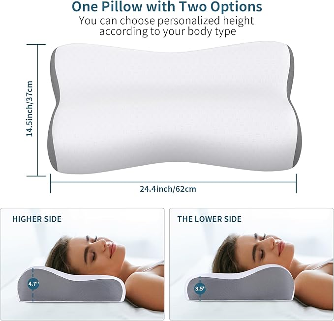 Cervical Neck Pillow for Pain Relief, Contour Memory Foam Pillows for Sleeping, Ergonomic Pillow Orthopedic Cooling Pillow Bed Pillow Neck Support for Side Back Stomach Sleepers(White & Grey)