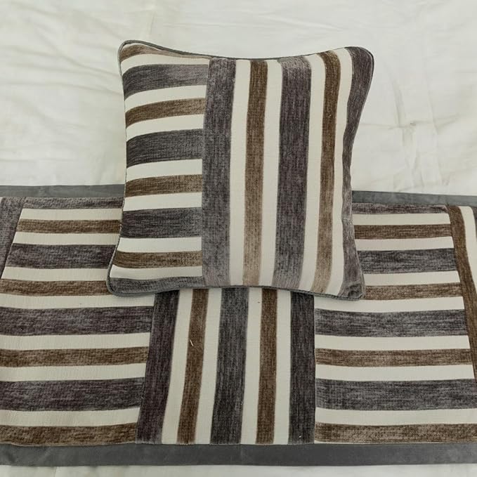 The HomeCentric King/Queen/Twin Beige & Grey Decorative Full 68"x18" Bed Runner Without Pillow Cover, Patchwork Bed Scarf on Velvet Fabric - Striation