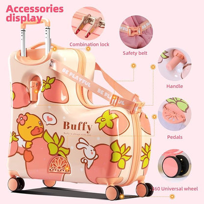 Kids' Lightweight Ride on Luggage with Spinner Wheels & Foldabe Design (Pink Strawberry, 20"+ Aged 1-3 Toddler)