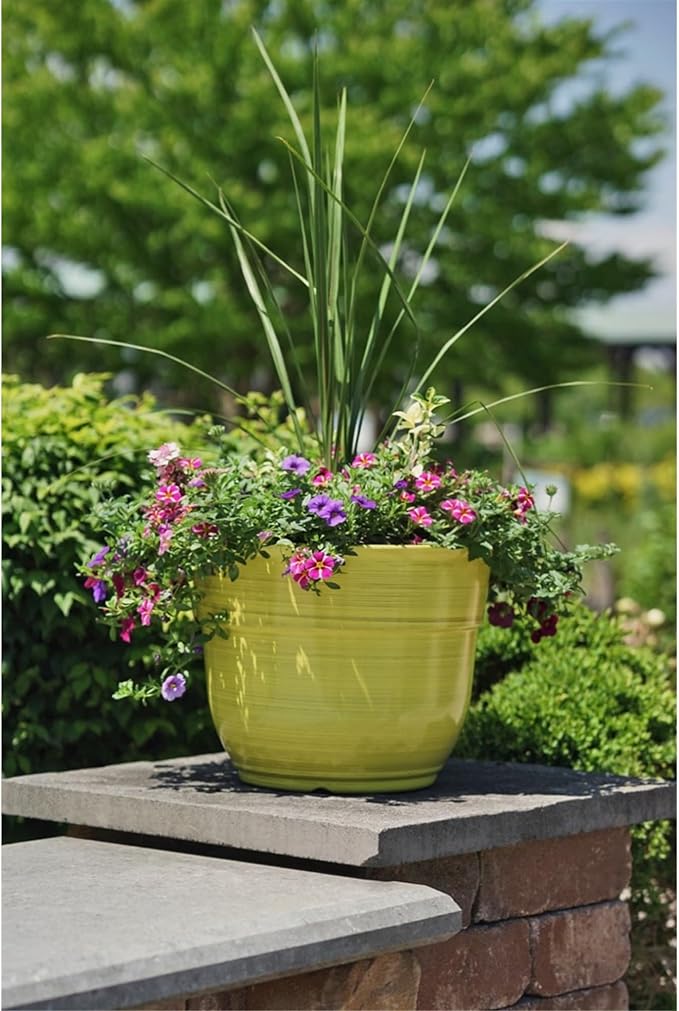 Garden Elements Indoor/Outdoor Glazed Brushed Happy Plastic Planter, Bright